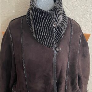 Elegant Women's Dark Brown Leather Jacket with Gray Details